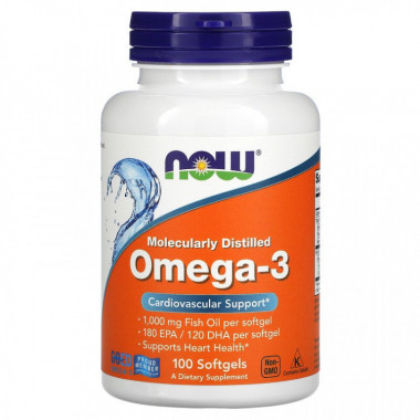 NOW Omega-3, Molecularly Distilled 1,000 mg Fish Oil 100 Softgels — 65fit
