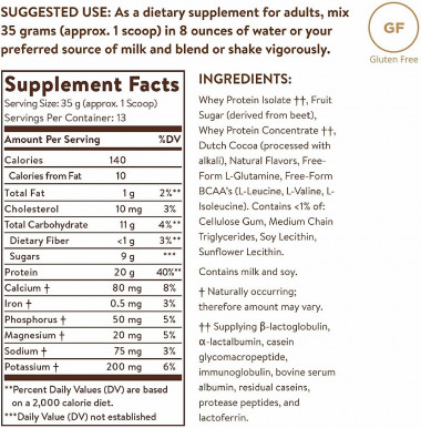 SOLGAR Whey To Go® Protein Powder Natural Chocolate Flavor 16 oz. (455g) — 65fit