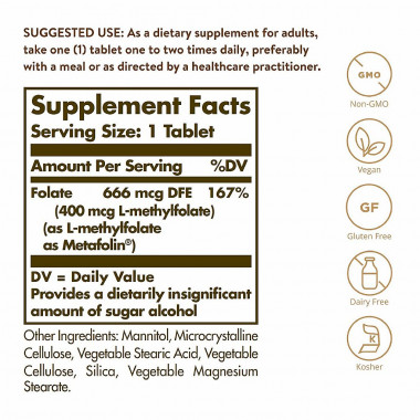 SOLGAR Folate MCG DFE (Metafolin® 400 MCG) 100 Tablets — 65fit