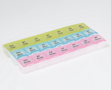 Таблетница-органайзер 21секц Неделька утро/день/ночь рус буквы радуга к/кор OT   9758261 &mdash; 65fit