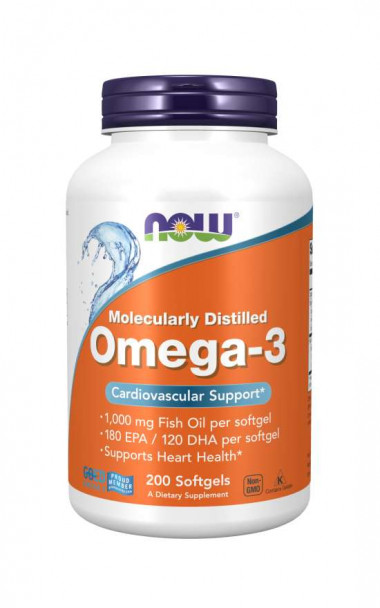 NOW Omega-3, Molecularly Distilled 1,000 mg Fish Oil 200 Softgels — 65fit