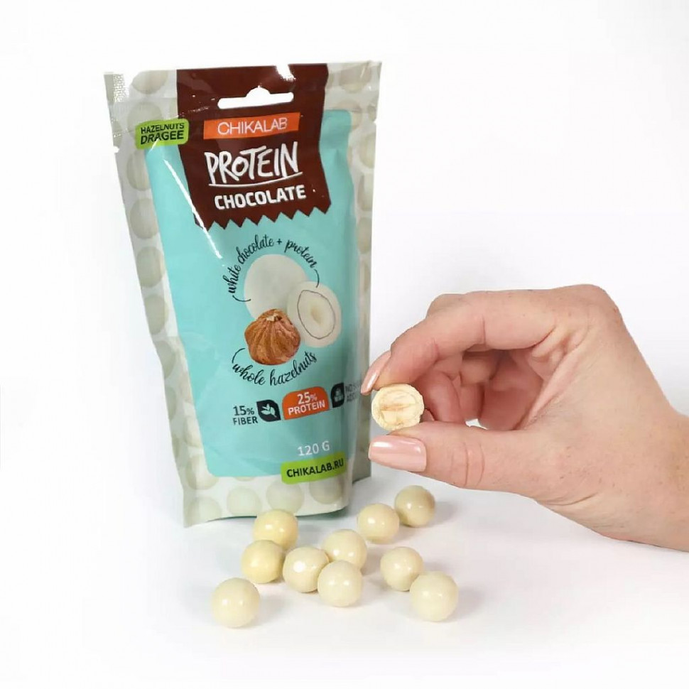 CHIKALAB PROTEIN Драже в белом шоколаде "Фундук" 120г фото 1 — 65fit