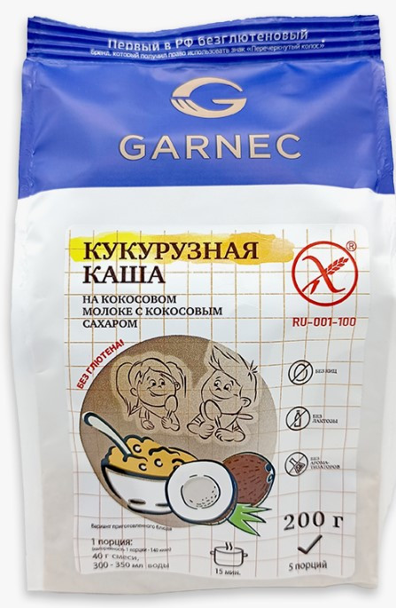 GARNEC Каша "Кукурузная на кокосовом молоке с кокос. сахаром" без глютена 200г фото 1 — 65fit