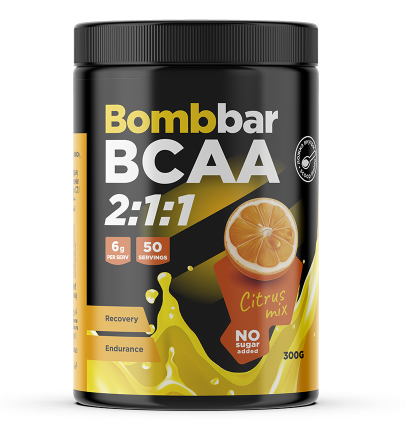 BOMBBAR Специализиров.пищевой продукт д/питания спортсменов. Коктейль "BCAA Цитрусовый микс" 300г фото 1 — 65fit