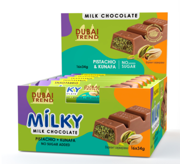 SNAQ FABRIQ Молочный шоколад с фисташковой пастой и хрустящим тестом 34г фото 1 — 65fit