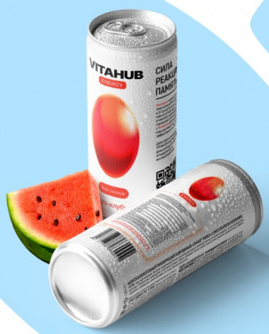 VITAHUB ENERGY Напиток б/а тонизирующий газированный Арбуз-Клубника 0,33л/12 &mdash; 65fit