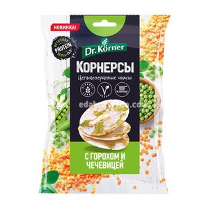 DR.KORNER Чипсы цельнозерновые рисовые c горошком и чечевицей 50г — 65fit