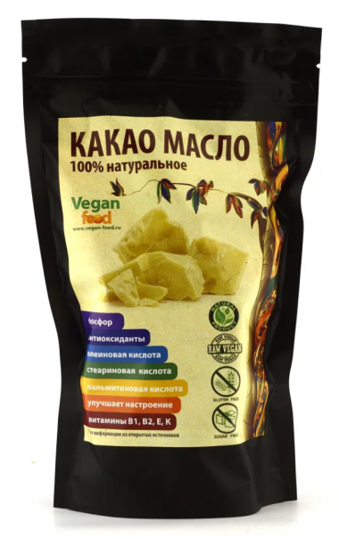 VEGAN FOOD Какао-масло натуральное 100% (черн. пачка) 200г — 65fit