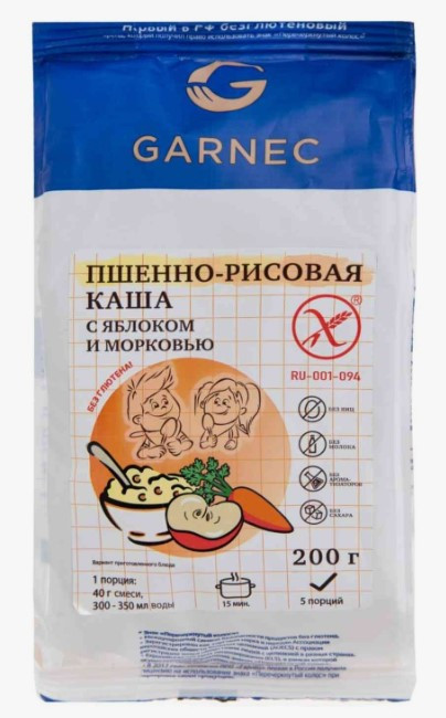 GARNEC Каша "Пшенно-рисовая с яблоком и морковью" без глютена 200г фото 1 — 65fit