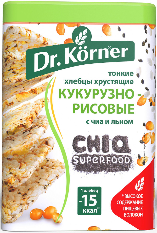 Хлебцы "Кукурузно-рисовые" с чиа и льном 100гр (Dr. Korner) фото 1 — 65fit