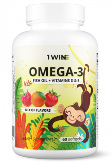 1WIN Omega-3 Kids+Vitamins D&amp;E,Микс: клубника, малина, апельсин, 60 капсул, бад &mdash; 65fit