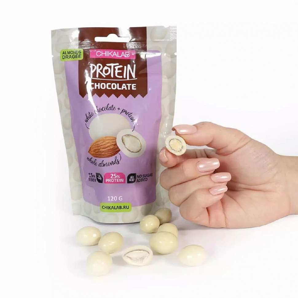 CHIKALAB PROTEIN Драже в белом шоколаде "Миндаль" с зеленым чаем матча120г/12 фото 1 — 65fit