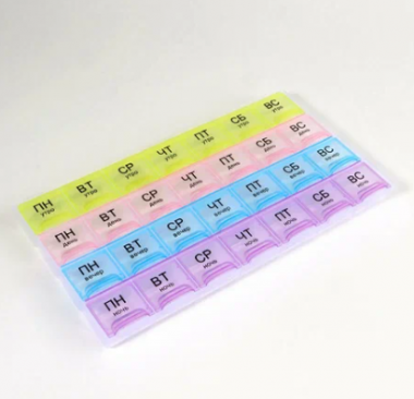 Таблетница-органайзер 28секц 21,5*11*1,8см Неделька утро/день/вечер/ночь рус буквы разноцв ОТ 655405 &mdash; 65fit