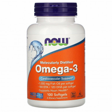 NOW Omega-3, Molecularly Distilled 1,000 mg Fish Oil 100 Softgels &mdash; 65fit